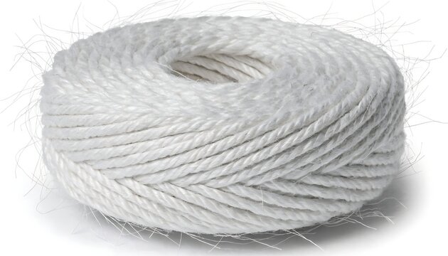 Spool roll of thick white textile string rope thread cut out White background with shadow. AI GENERATED.
