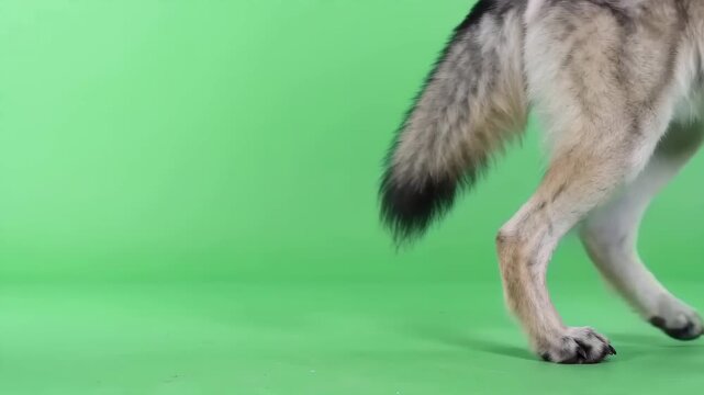 Lower Body and Tail View of a Wolf Walking Against a Green Screen Background