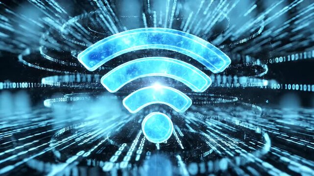 Futuristic blue glowing Wi-Fi symbol against a digital binary code background.