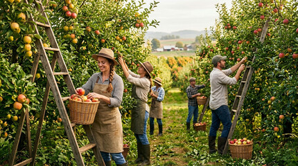 Fototapeta premium Apple orchard harvest with people picking fruit, sunny day, rural landscape background