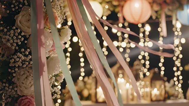 A festive outdoor decoration with flowers, ribbons, lanterns, and string lights at night.