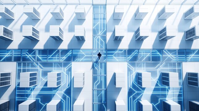 Architect Standing in Modern Digital Building Blueprint