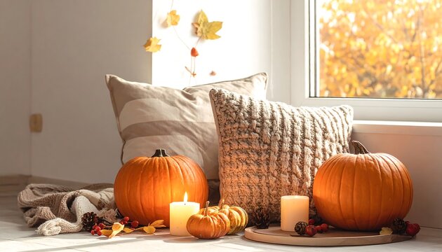 Cozy autumn scene with pumpkins and gourds on table.
