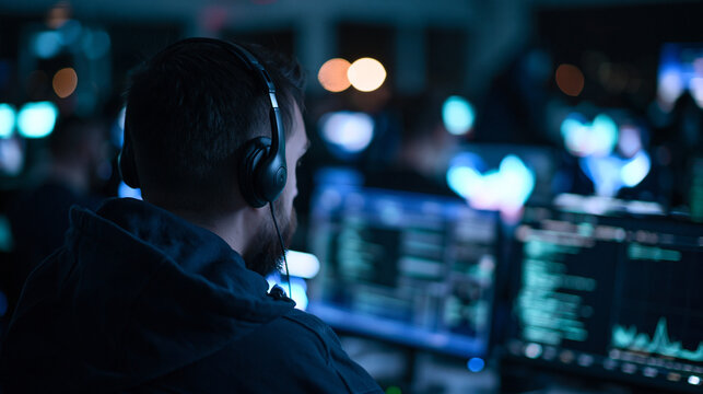 IT Professional Monitoring Data Center Systems at Night