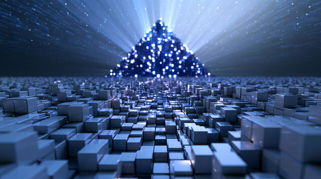 Digital Pyramid Network Rising Above City Grid