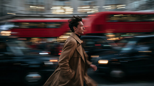 Man in Coat Walking Through City Traffic