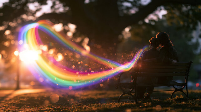 Silhouette Figure Watching Magical Rainbow Light Trail
