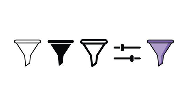 Five different colored  filter funnel icon in various styles and colors side by side
