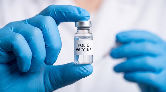 Hand holding a polio vaccine bottle in gloved hand during medical procedure  