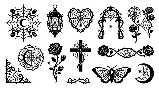 Gothic Vector Elements: Spiderwebs, Roses, Moon, Cross, Butterfly, Lantern