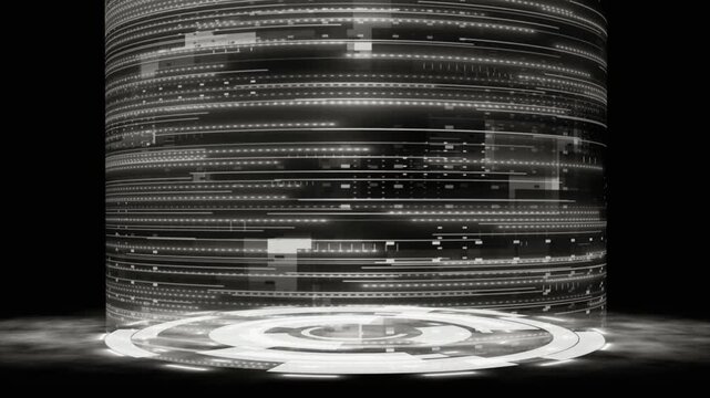 Abstract digital data cylinder tower with rotating glowing hud circular base UI interface hologram futuristic tech information interface hologram futuristic tech information