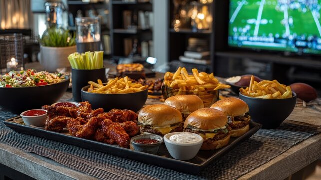 game day themed snacks with sliders wings and fries styled for sports viewing party concept