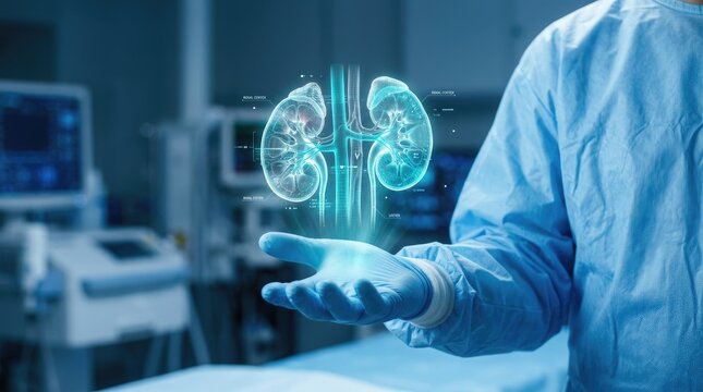 Digital holographic projection of human kidneys held by a medical professional isolated on transparent background