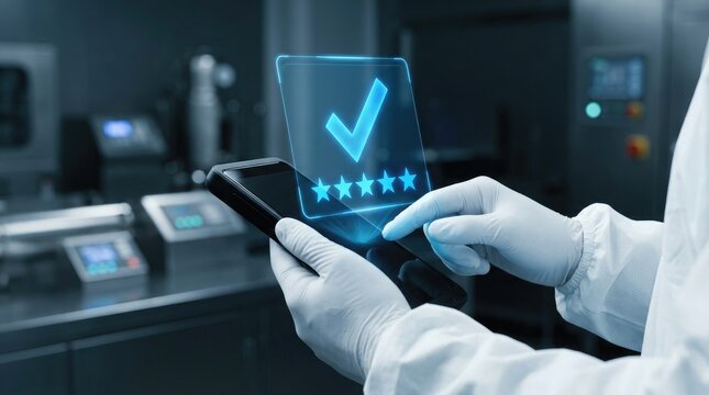 Scientist using a digital tablet with a holographic checkmark icon isolated on transparent background