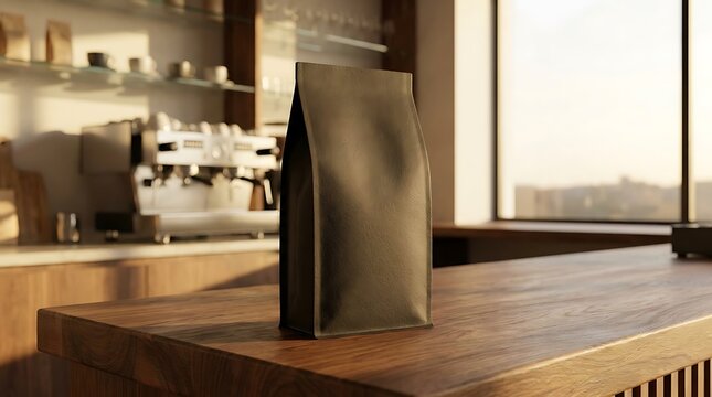 Sleek matte black coffee bean bag mockup prominently displayed on a warm wooden cafe counter, bathed in natural sunlight, perfect for custom branding and product showcasing in a modern setting