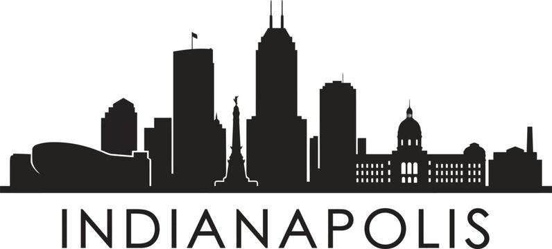 Black silhouette of the indianapolis city skyline isolated on a white background with text