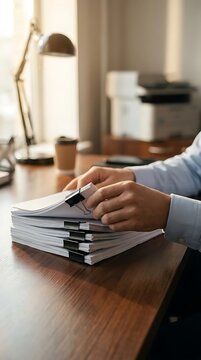 Hands reviewing stack of paper documents on desk