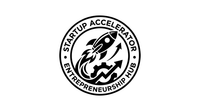 Startup accelerator and entrepreneurship hub logo with rocket and gear elements.