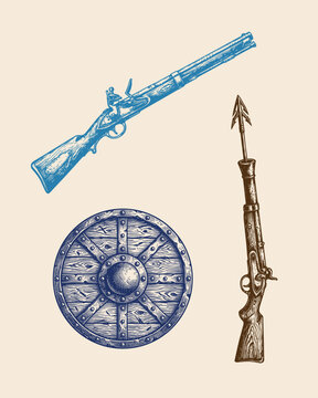 naval weaponry and close-combat arms, whaling harpoon gun, wooden boarding shield and sea service flintlock musket, vintage maritime woodcut illustration