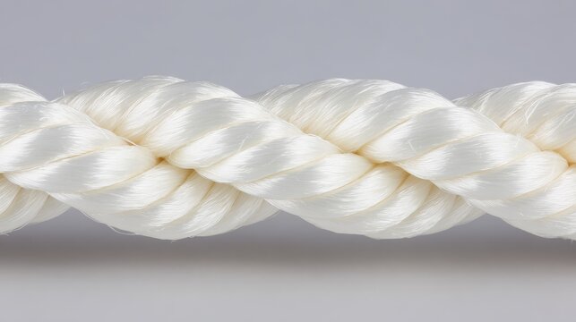 Strong white twisted synthetic fiber rope texture close up isolated on gray background for industrial marine construction use