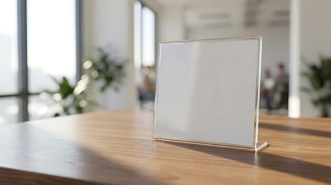 Blank acrylic sign holder on wooden table