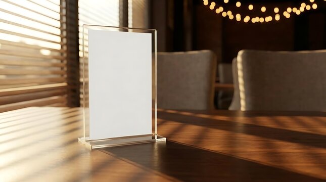 Blank menu card in acrylic stand on wooden table