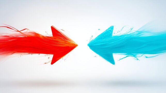 Abstract red and blue paint arrows converging in dynamic motion conceptual illustration representing competition or duality