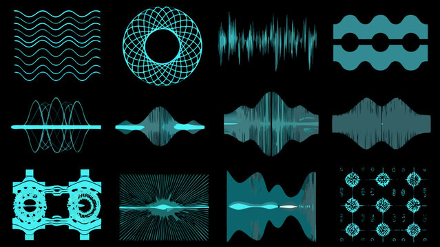 Collection of teal colored waveform illustrations displaying various sound wave patterns against a black background audio pattern
