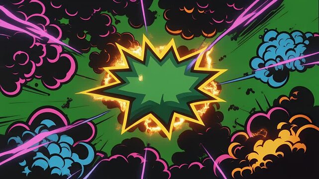 Explosive comic book style scene with flames and smoke.