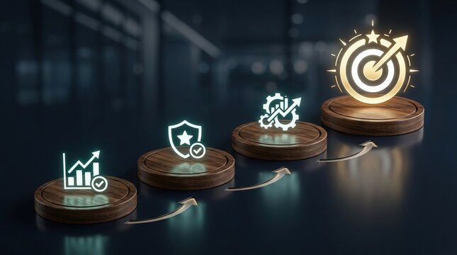 Four consecutive wooden podiums with growth, protection, efficiency, and goal achievement icons illustrating business progress.