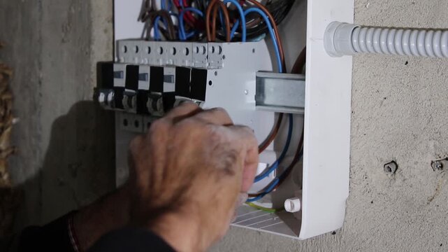 Professional electrician connects electrical wires inside a distribution board while installing power for a CCTV security camera system.