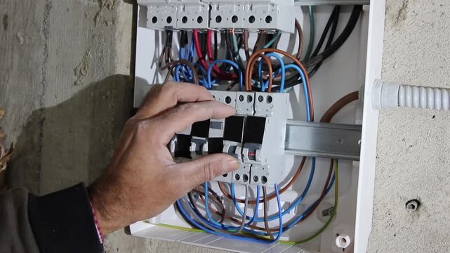 Professional electrician switches on circuit breakers after completing electrical wiring for a CCTV security camera system.