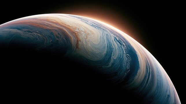 Swirling planet with glowing atmospheric edge against deep space