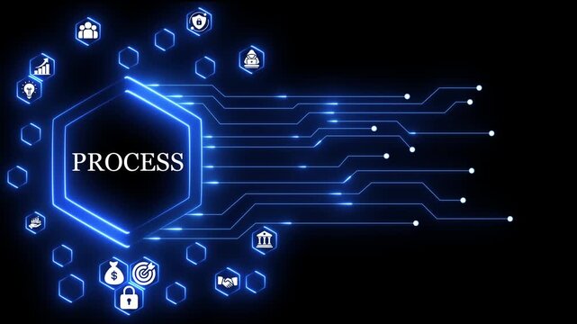Digital business process optimization concept with glowing circuitry and management on black background