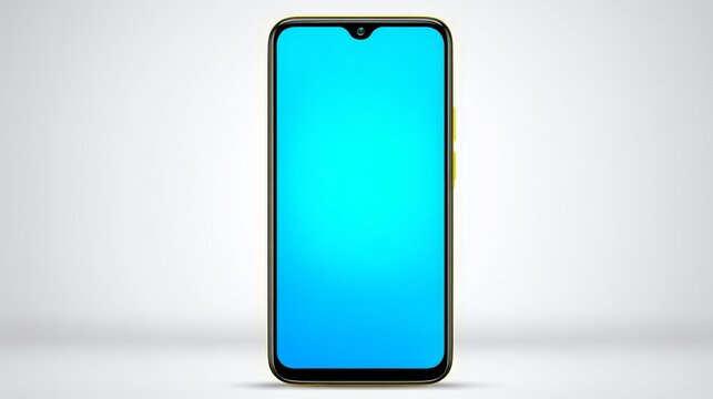 Modern smartphone mockup with bright blue screen and yellow frame isolated on clean white background for web mobile design projects