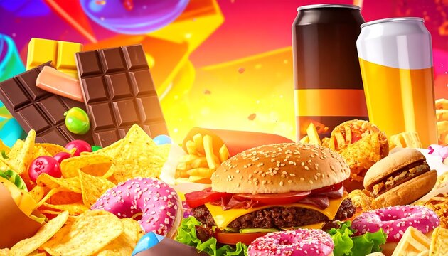 Colorful junk food and drink assortment.