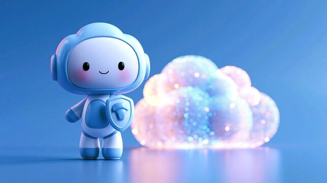 Cute robot with a shield stands beside a glowing cloud against a blue background, illustrating cloud security and data protection.
