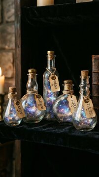 Vintage potion bottles filled with glowing cosmic nebulae