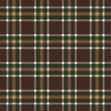 Classic brown plaid pattern with thin green, white, and gold intersecting lines creating a traditional tartan design.