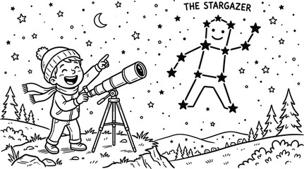 Cute cartoon boy using telescope pointing at stargazer constellation starry night sky landscape scenery coloring book page vector illustration outline © Sojol