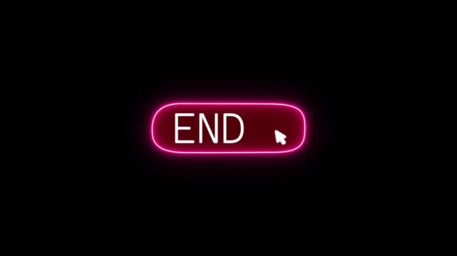 Pink neon END button animation with glowing rounded outline, white text and arrow cursor on black, ideal for futuristic web, app and end screen projects.