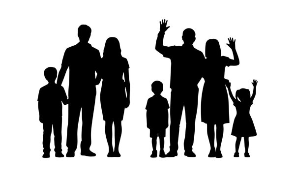 Silhouette family waving together happily