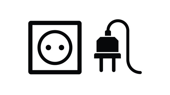 Minimalist black power socket icon and electrical plug symbol isolated on a clean white background