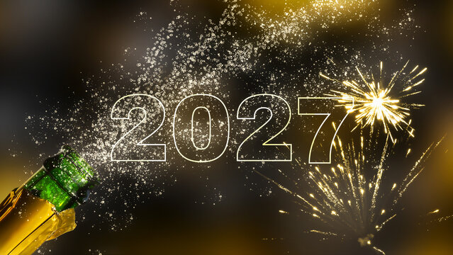 new years eve party 2027 with fizzing champagne fountain and exploding fireworks isolated on abstract night sky background, happy new year greeting card