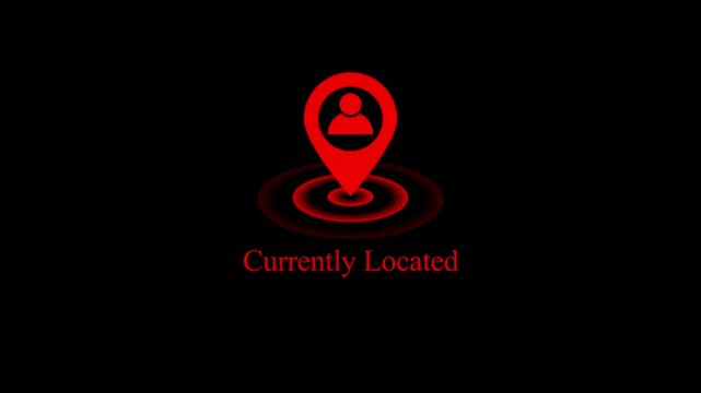 Red location pin with currently located text animation on black background, for   and, tracking concepts Black background 4k stock video. 