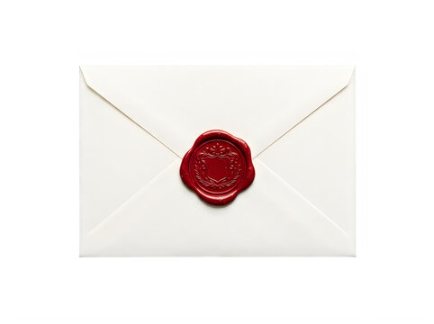 Closed white paper envelope with a red wax seal for sending a formal letter or invitation isolated on transparent background