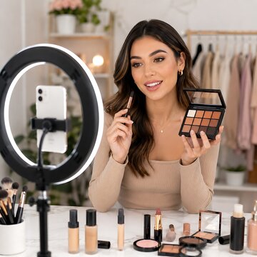 Young woman filming makeup tutorial with ring light and phone