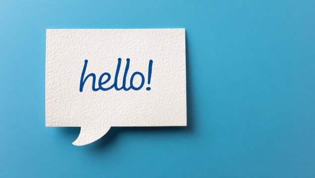 White speech bubble greeting hello cutout shape on textured blue background with greeting communication dialogue conversation background minimalist creative textured isolated