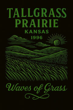 Experience the breathtaking expanse of the Tallgrass Prairie in Kansas, a picturesque landscape from 1996 depicting serene waves of vibrant green grasses under a vast sky, evoking natural beauty