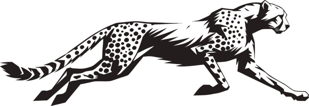 Running cheetah vector illustration, black and white wild cat silhouette, fast sprinting leopard graphic for sports mascot or wildlife logo